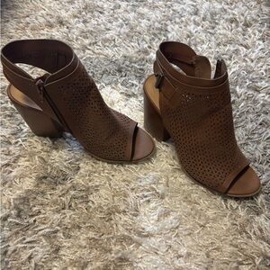 Women's Brown Perforated Open-Toe Block Heel Sandals
